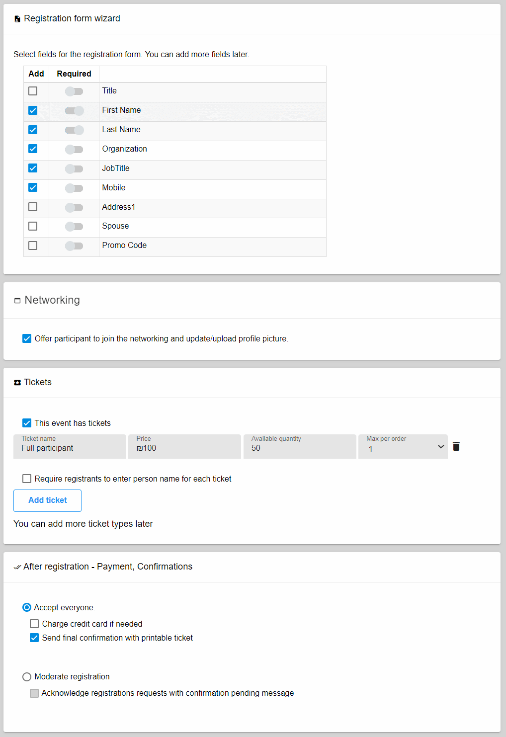 Event registration form wizard