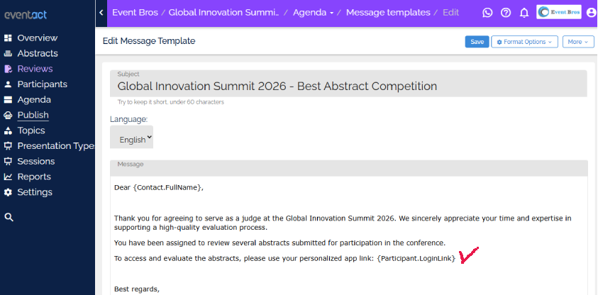 Reviewer invitation message using the participant login link token for contest