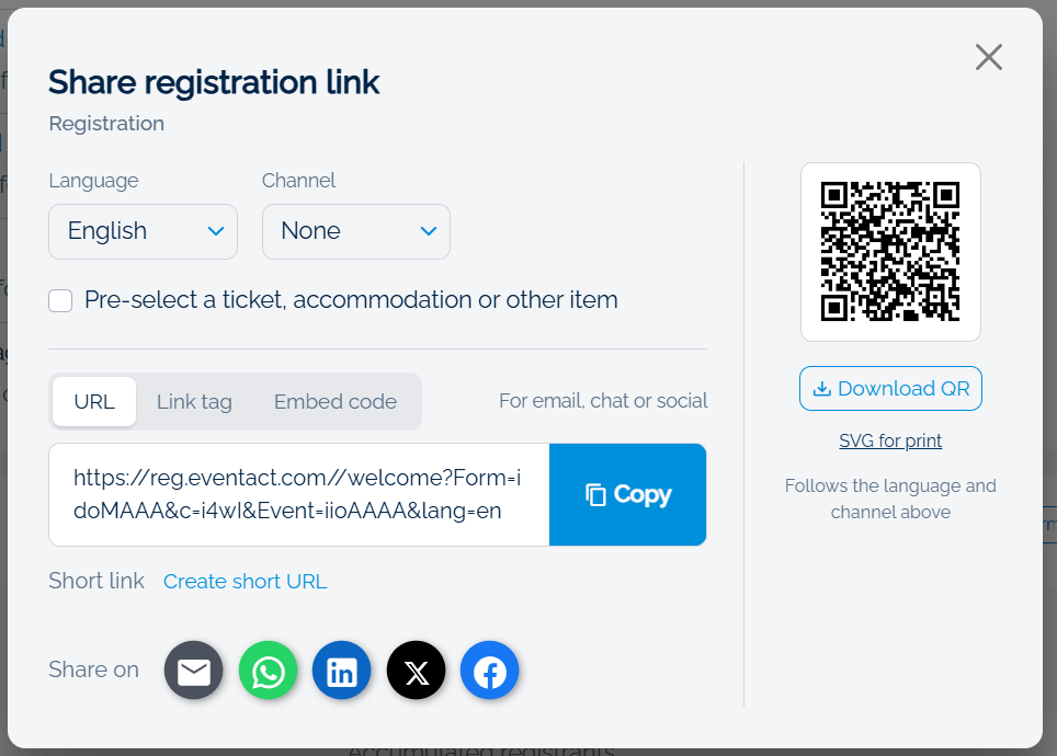 The Share registration link dialog in Eventact, with Language and Channel menus, URL, Link tag and Embed code tabs, a Copy button, a QR code, and Share on buttons