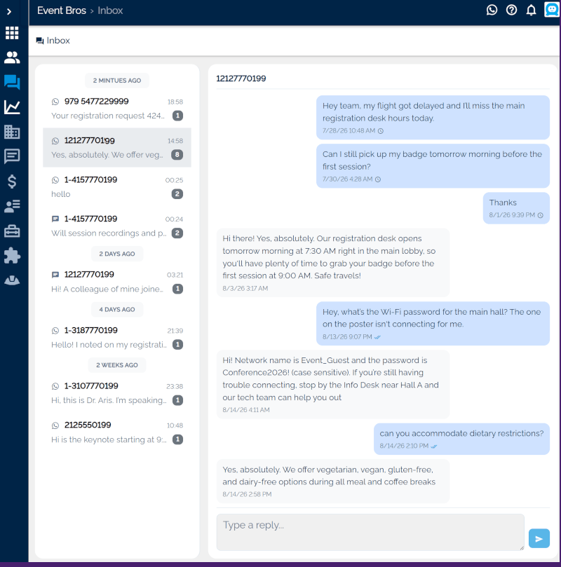 The Eventact shared inbox listing SMS and WhatsApp conversations with a participant thread open