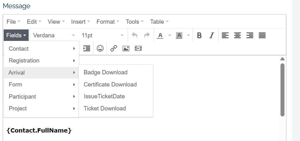 The Fields menu in the Eventact message editor, with the Arrival group open showing Badge Download, Certificate Download, IssueTicketDate and Ticket Download, and a {Contact.FullName} field in the message body