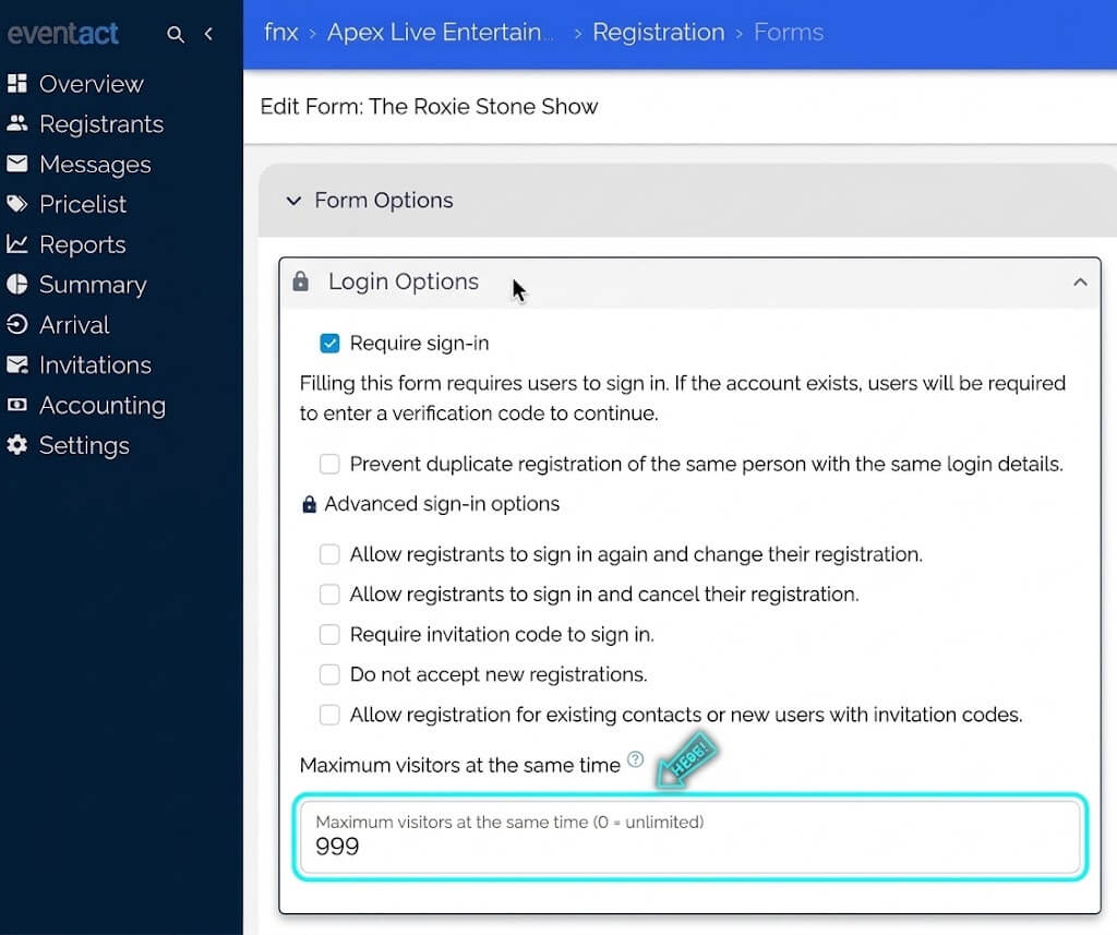 The Maximum visitors at the same time field under Login Options in the Eventact form builder