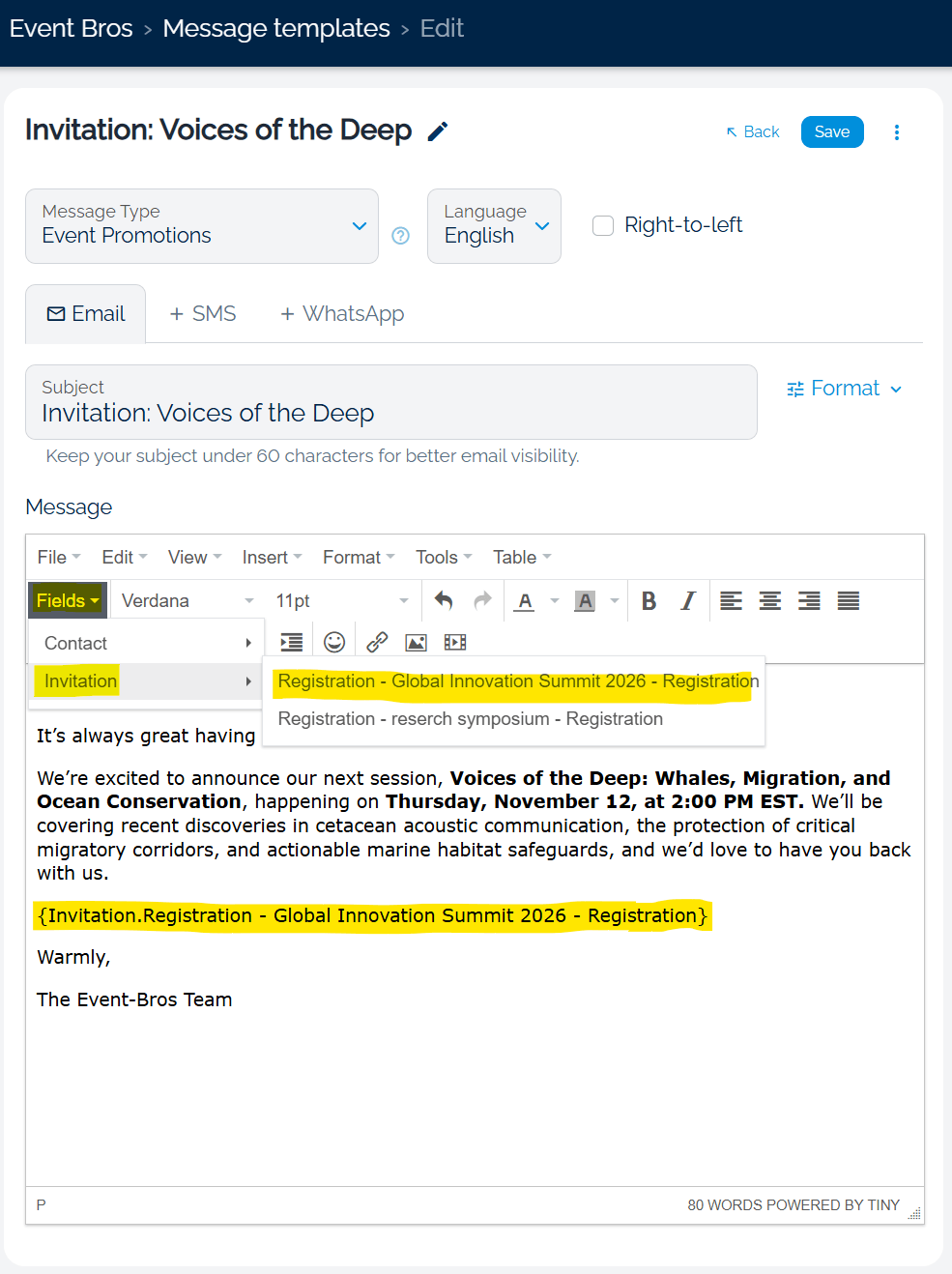 The Eventact message editor with the Fields menu open on Invitation, listing upcoming events, and an {Invitation.Registration - Global Innovation Summit 2026 - Registration} field in the message body