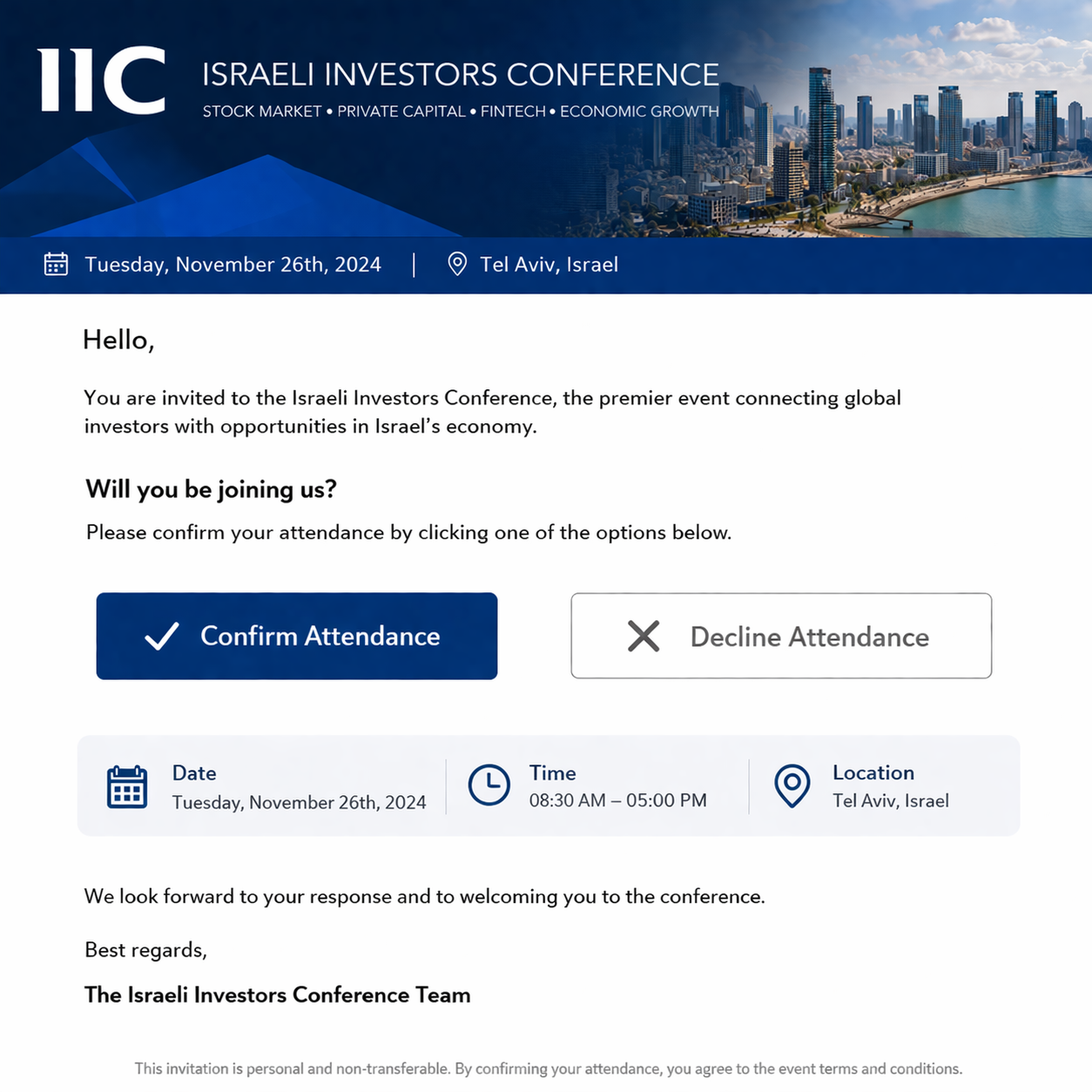 RSVP form with confirm and decline attendance buttons