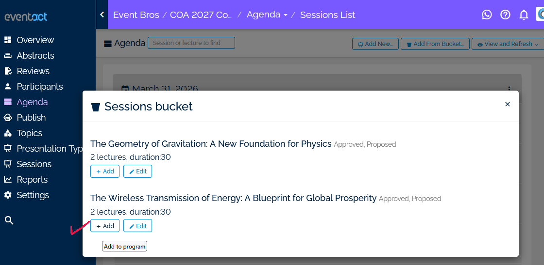 Session submission confirmation and unique link