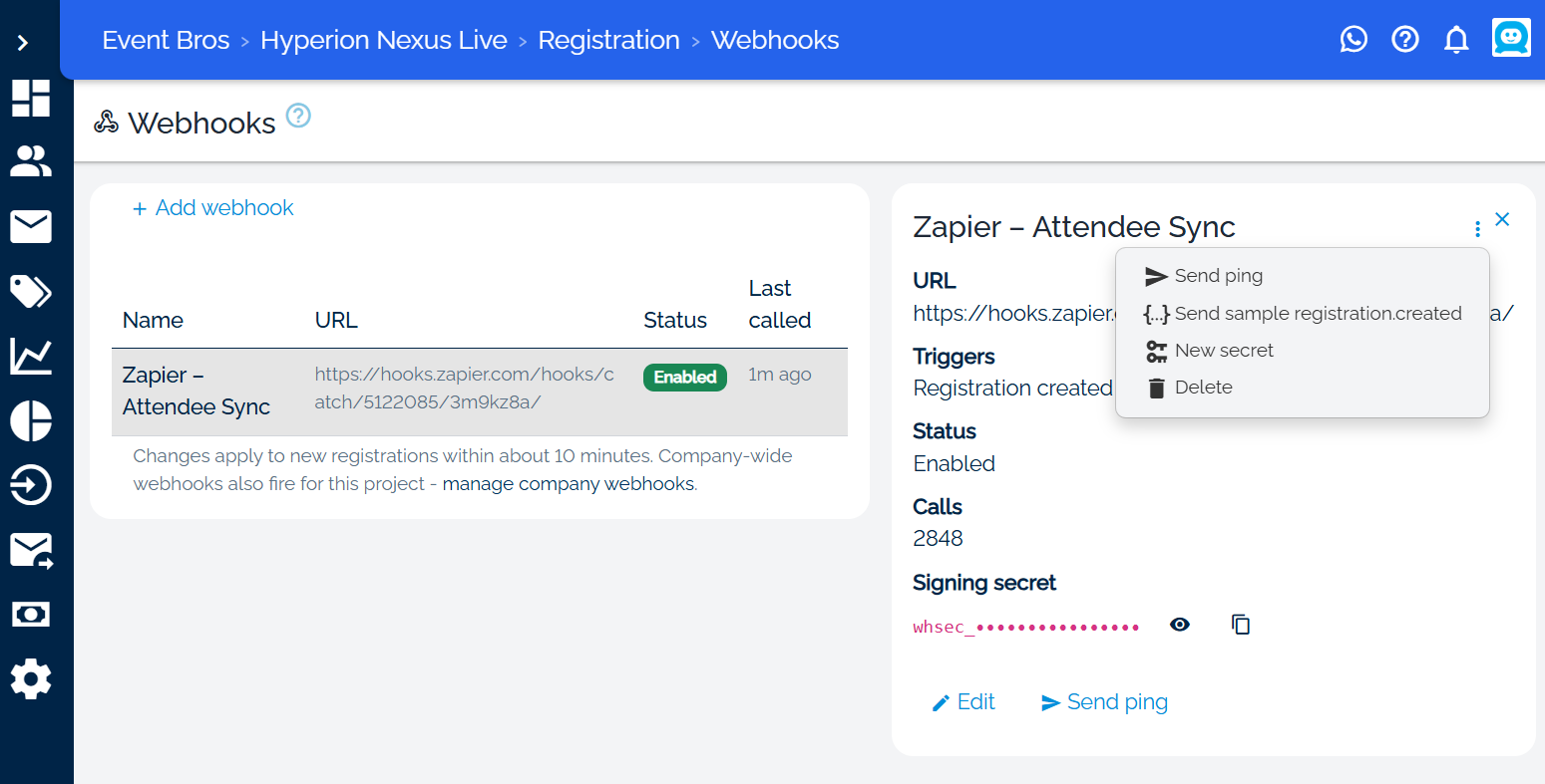 The Eventact back office Webhooks page: a Zapier - Attendee Sync webhook listed as Enabled, with its details panel showing the URL, trigger, call count, and signing secret, and the menu open with Send ping, Send sample registration.created, New secret, and Delete